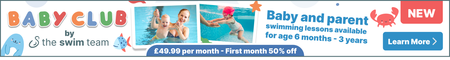 New Baby Club by Swim Team - Baby and parent swimming lessons available for age 6 months - 3 years - £49.99 per month - First month 50% off - Learn More