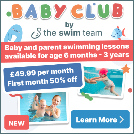 New Baby Club by Swim Team - Baby and parent swimming lessons available for age 6 months - 3 years - £49.99 per month - First month 50% off - Learn More